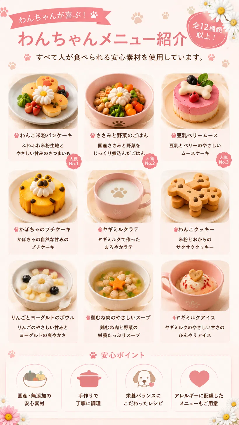 わんちゃんメニュー紹介。わんこ米粉パンケーキ、ささみと野菜のごはん、豆乳ベリームースなど。