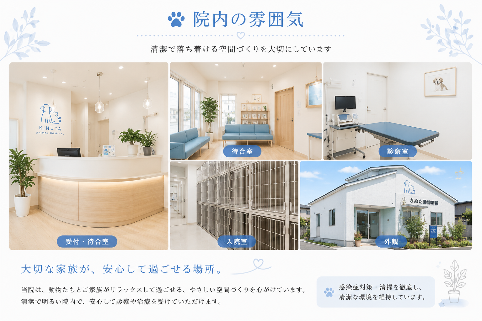 院内の雰囲気。受付・待合室、診察室、入院室、外観。清潔で落ち着ける空間づくり。