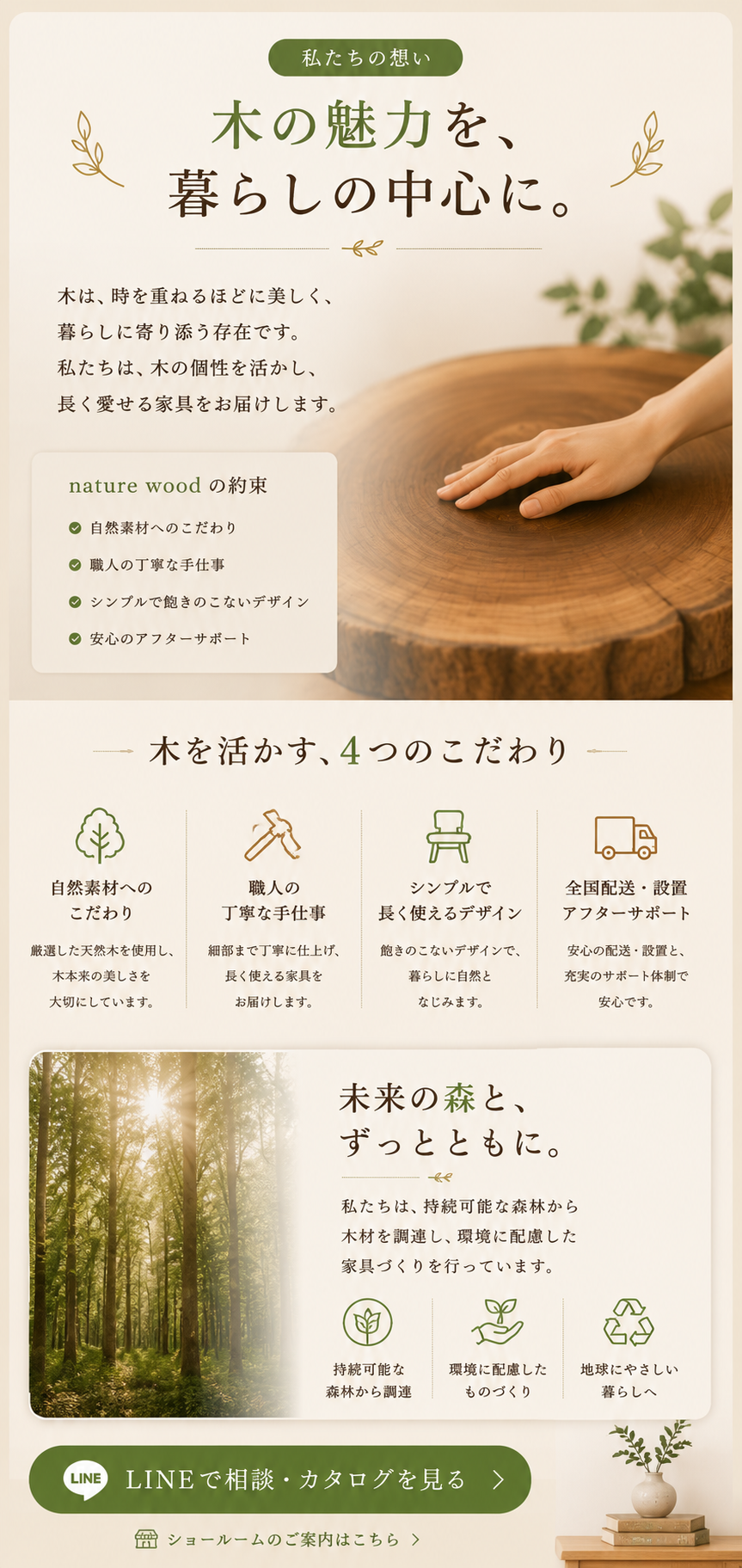 私たちの想い。木の魅力を暮らしの中心に。自然素材、職人の手仕事、長く使えるデザイン、安心のアフターサポート。