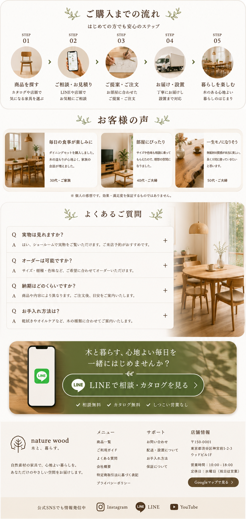 ご購入までの流れ。商品を探す、ご相談・お見積り、ご提案・ご注文、お届け・設置、暮らしを楽しむ。お客様の声、よくある質問、LINEで相談・カタログを見る。