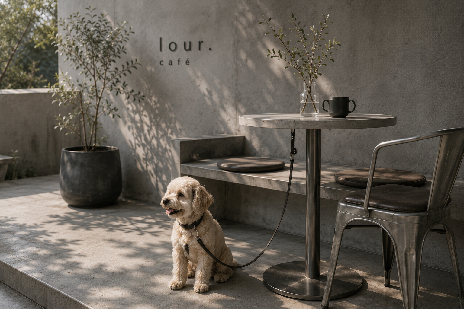 テラス席でリードにつながれた犬と過ごせるlour. caféのテラス。